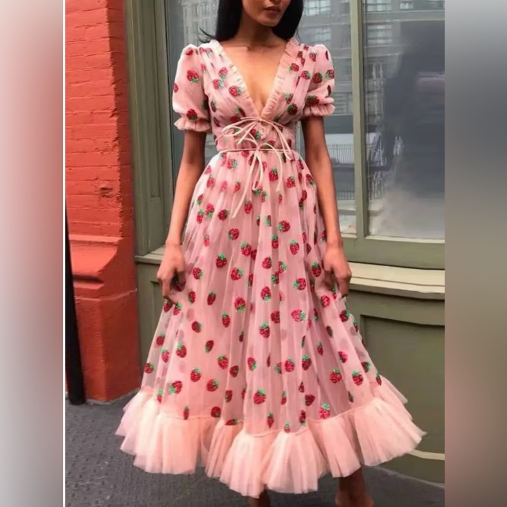 Pink Strawberry Embroidered Dress
